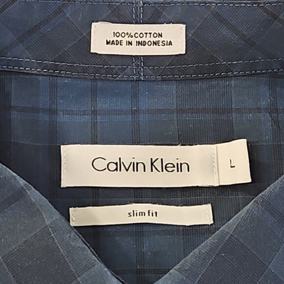 Calvin Klein Men's Large Button-Up Shirt Blue Plaid Slim Fit Long Sleeve EUC LN - Picture 5 of 14